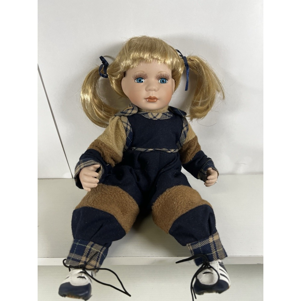 Porcelain Doll Blonde Hair Blue Eyes Overall Outfit‎ Collectible Decor